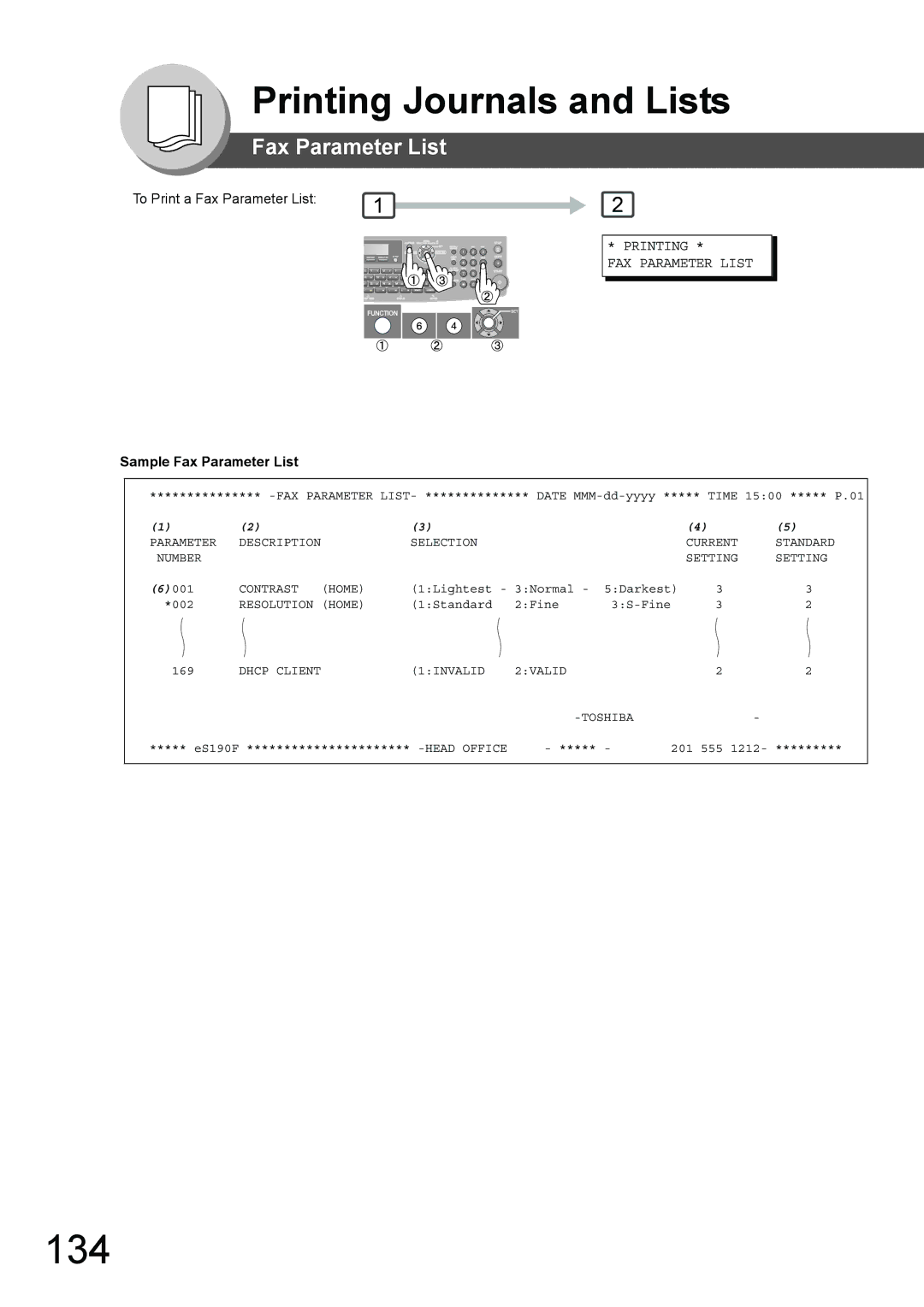 Toshiba 190F manual 134, Sample Fax Parameter List, Printing FAX Parameter List 