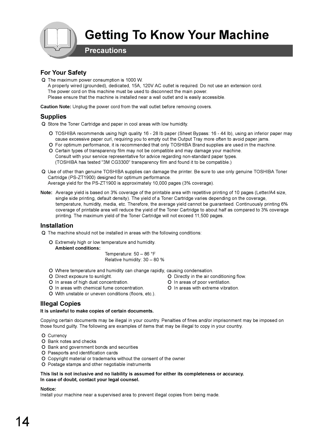 Toshiba 190F manual Supplies, Installation, Illegal Copies, Ambient conditions 