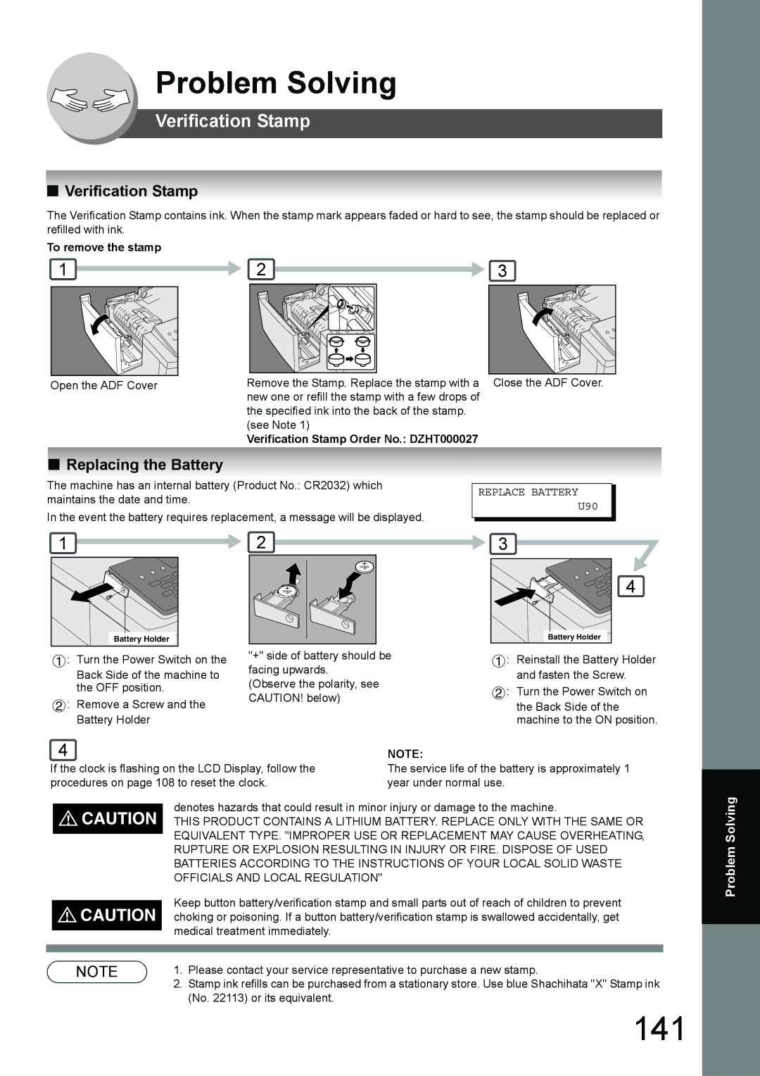 Toshiba 190F manual 141, Replacing the Battery, To remove the stamp, Verification Stamp Order No. DZHT000027 