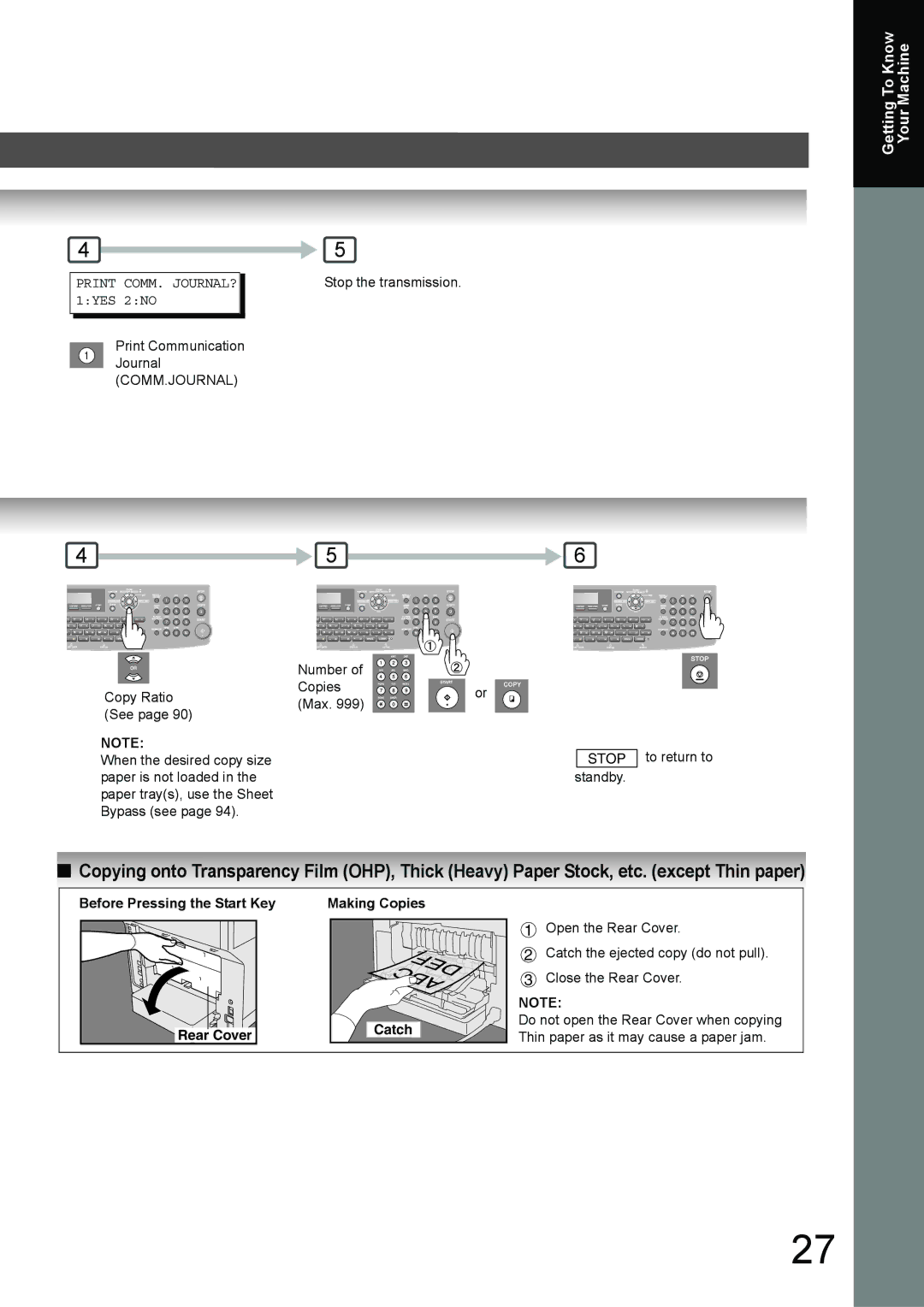 Toshiba 190F manual Print COMM. JOURNAL? 1YES 2NO, Before Pressing the Start Key Rear Cover Making Copies Catch 