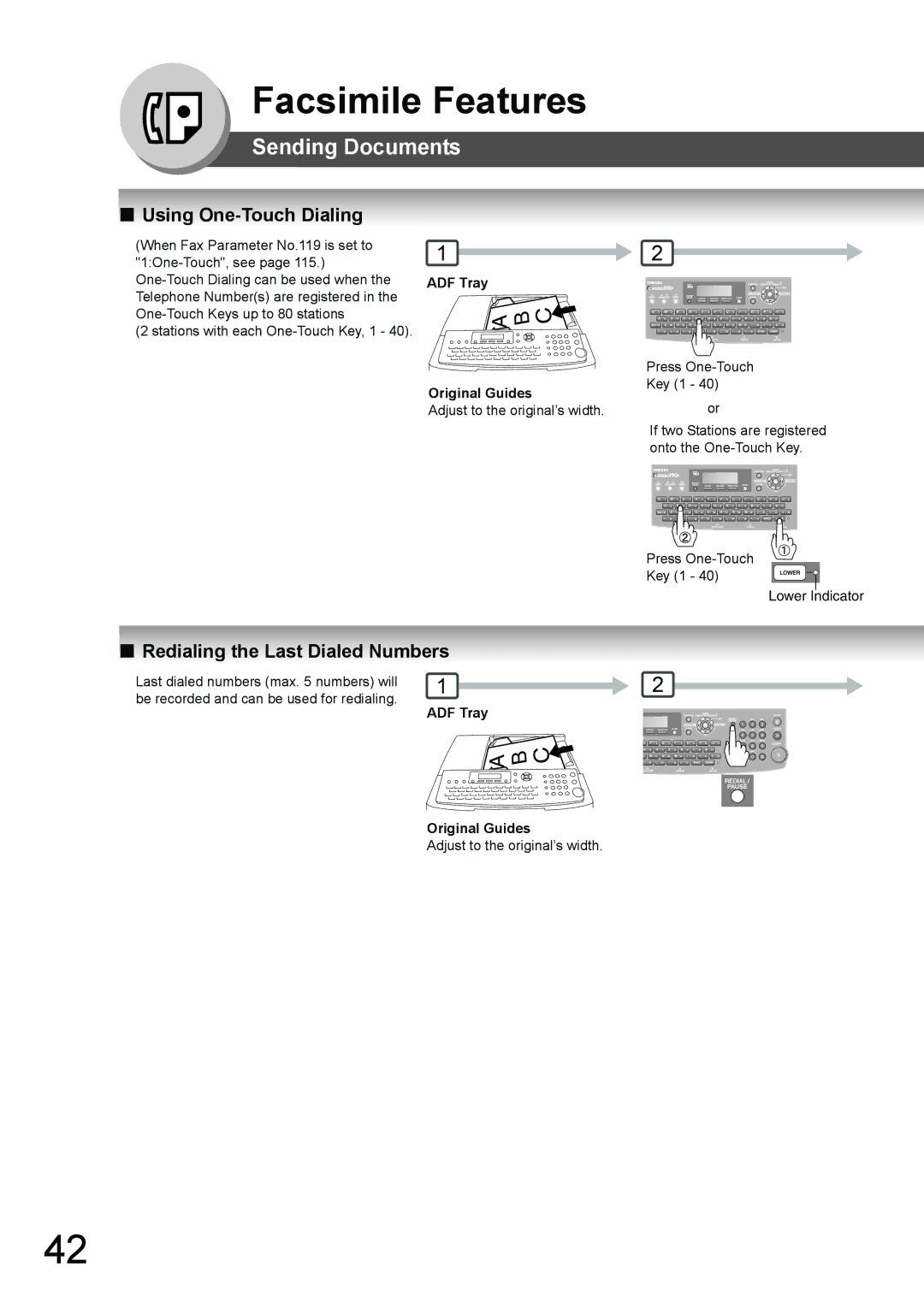 Toshiba 190F manual Using One-Touch Dialing, Redialing the Last Dialed Numbers, ADF Tray Original Guides 