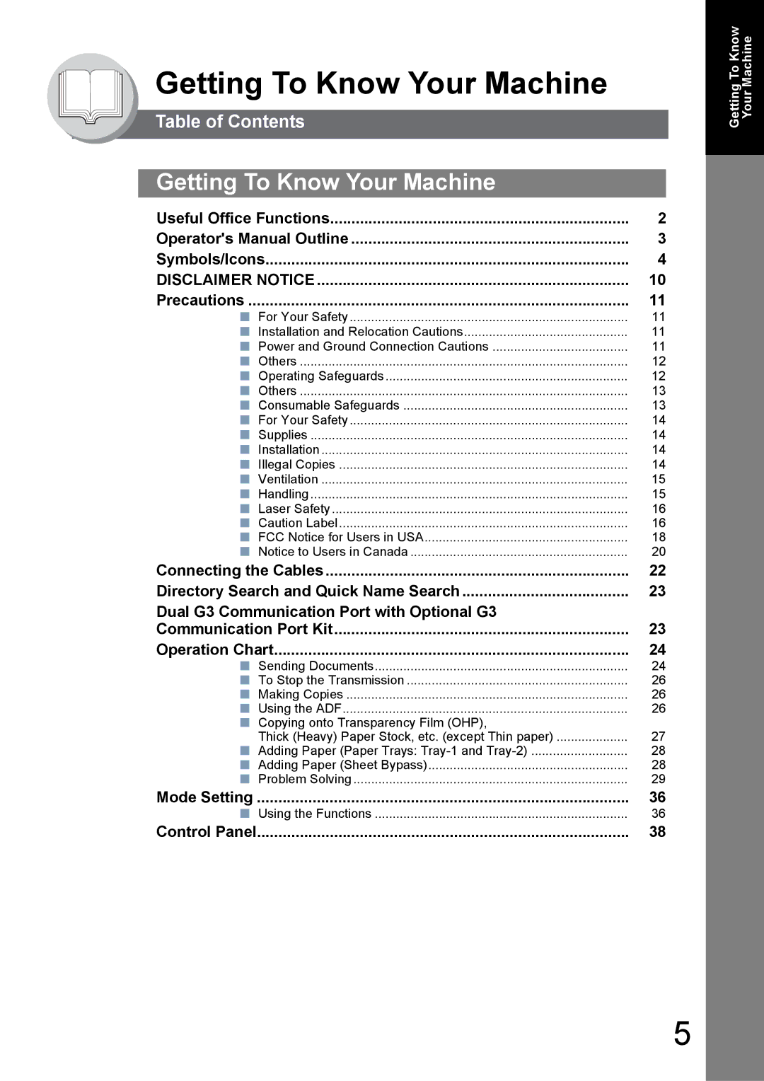 Toshiba 190F manual Table of Contents, Precautions, Mode Setting, Control Panel 