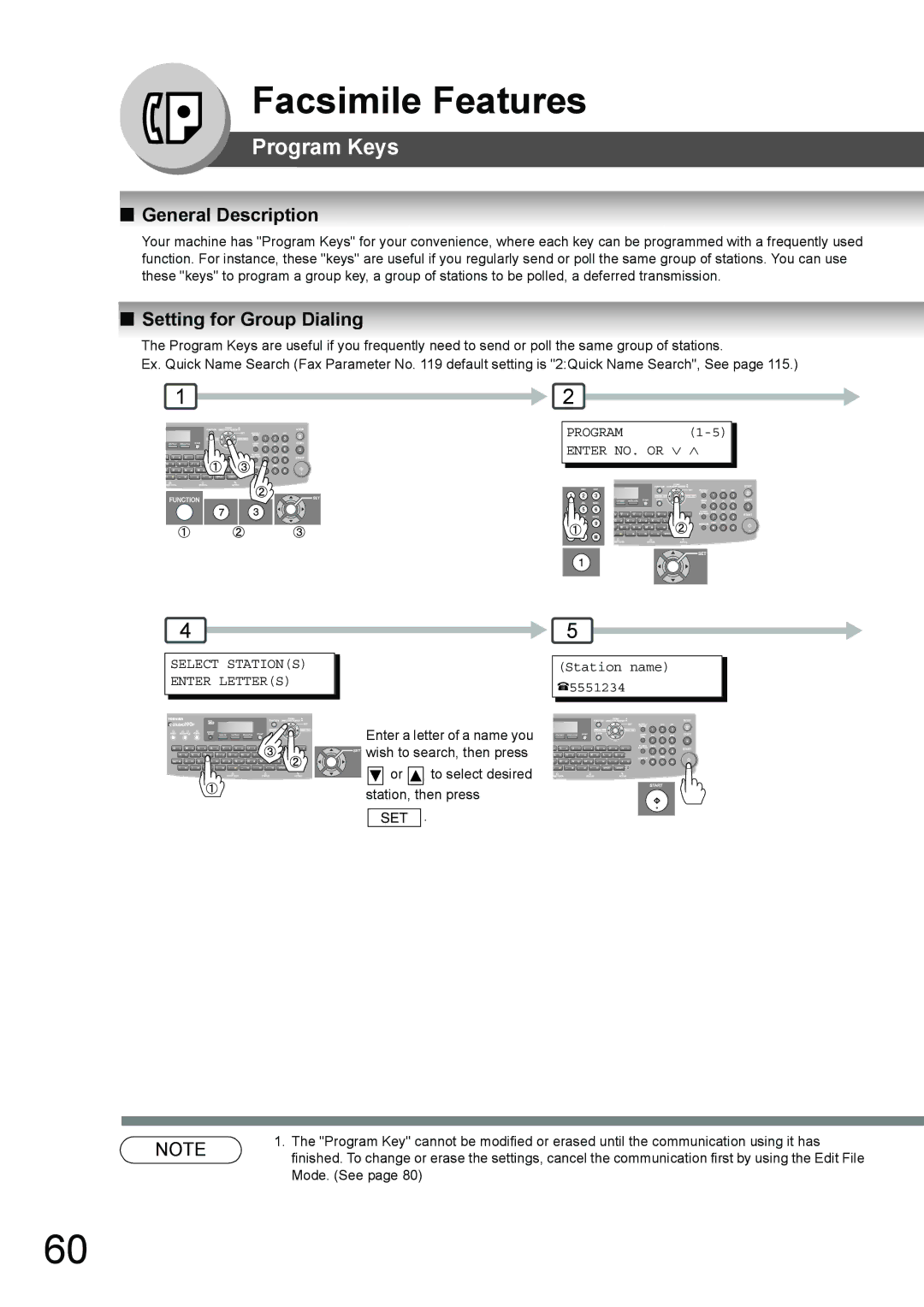 Toshiba 190F manual Program Keys, Setting for Group Dialing, Program 1-5 Enter NO. or ∨ ∧ Select Stations Enter Letters 