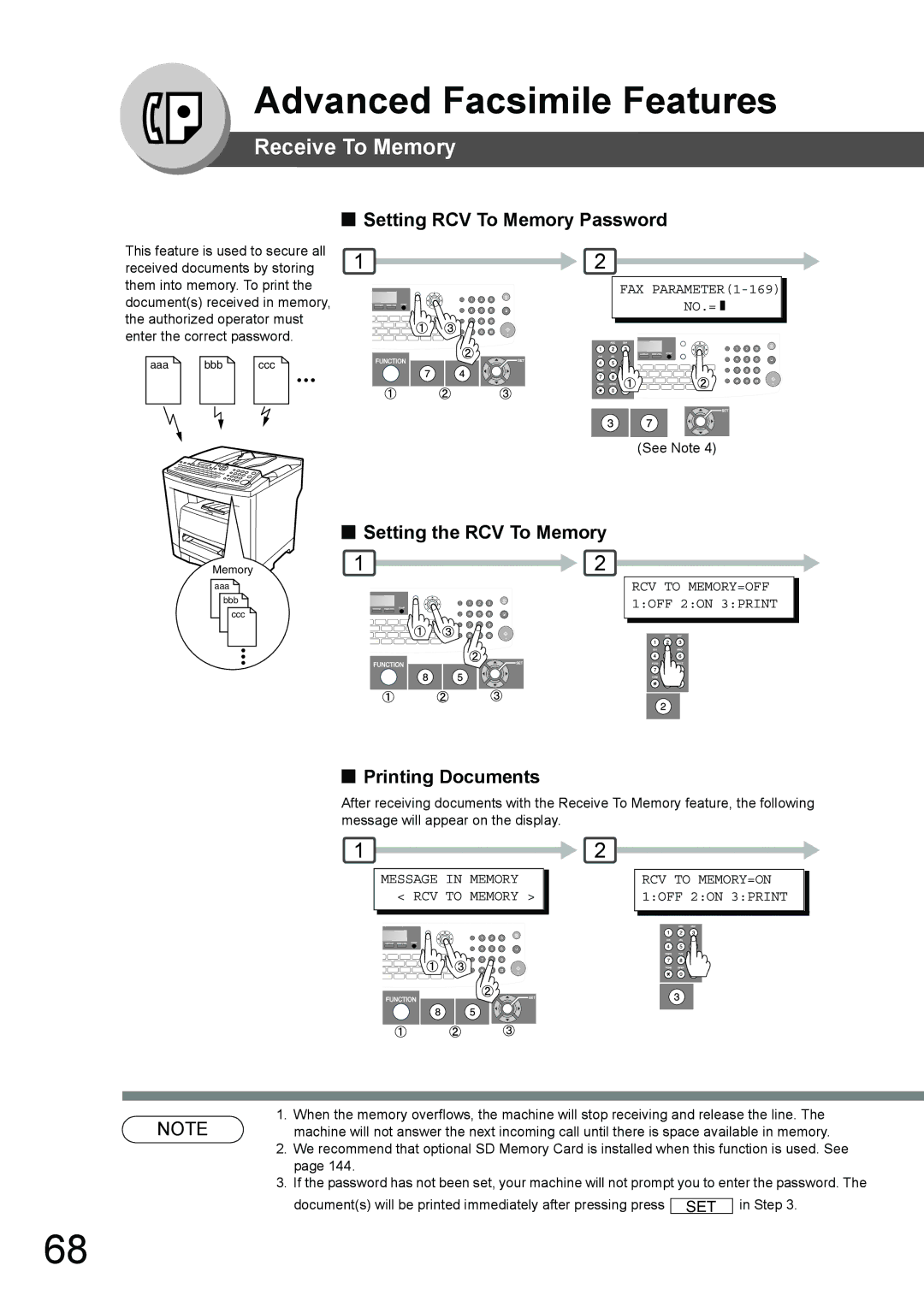 Toshiba 190F manual Receive To Memory, Setting RCV To Memory Password, Setting the RCV To Memory, Printing Documents 