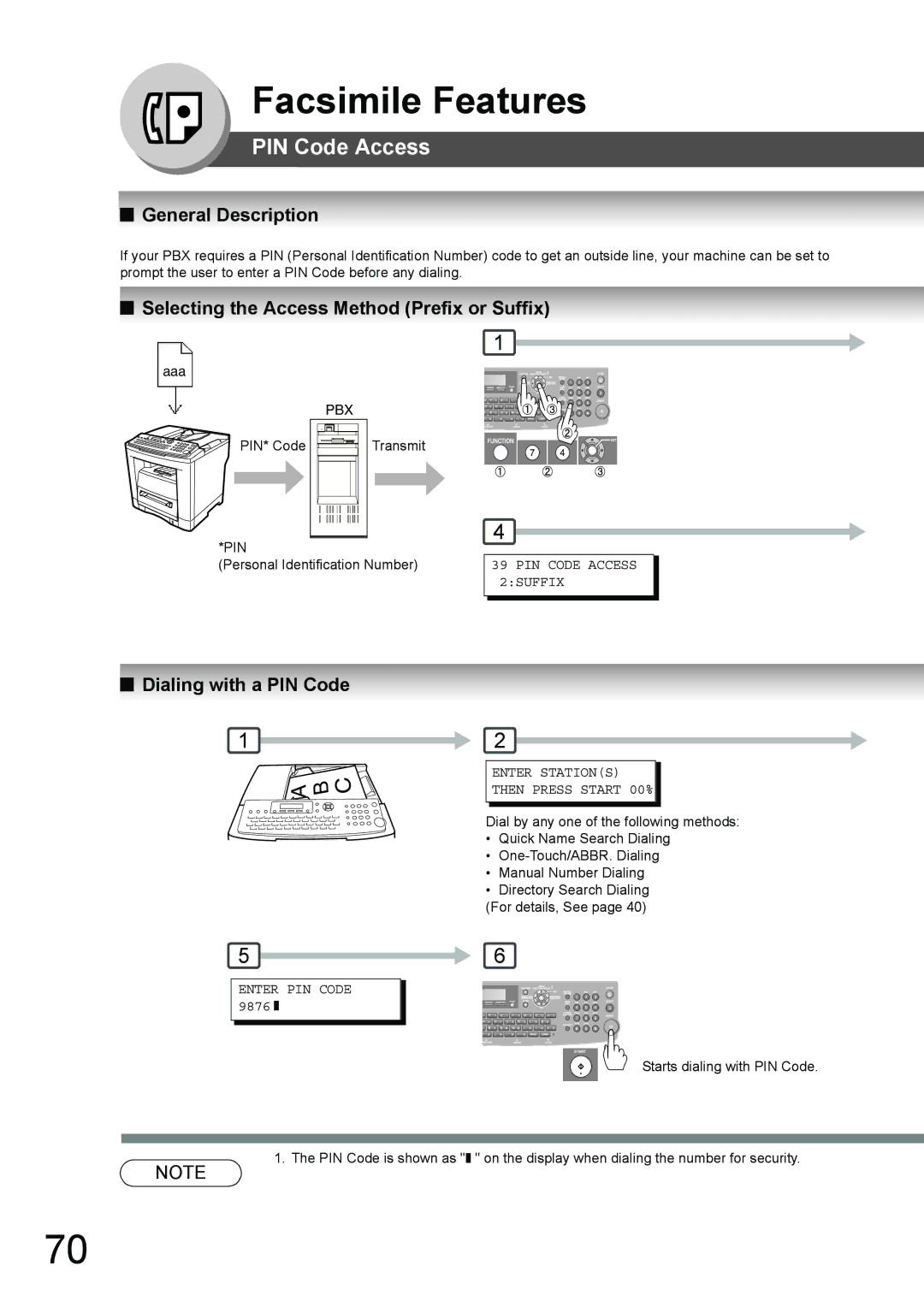 Toshiba 190F manual PIN Code Access, Selecting the Access Method Prefix or Suffix, Dialing with a PIN Code, Enter PIN Code 