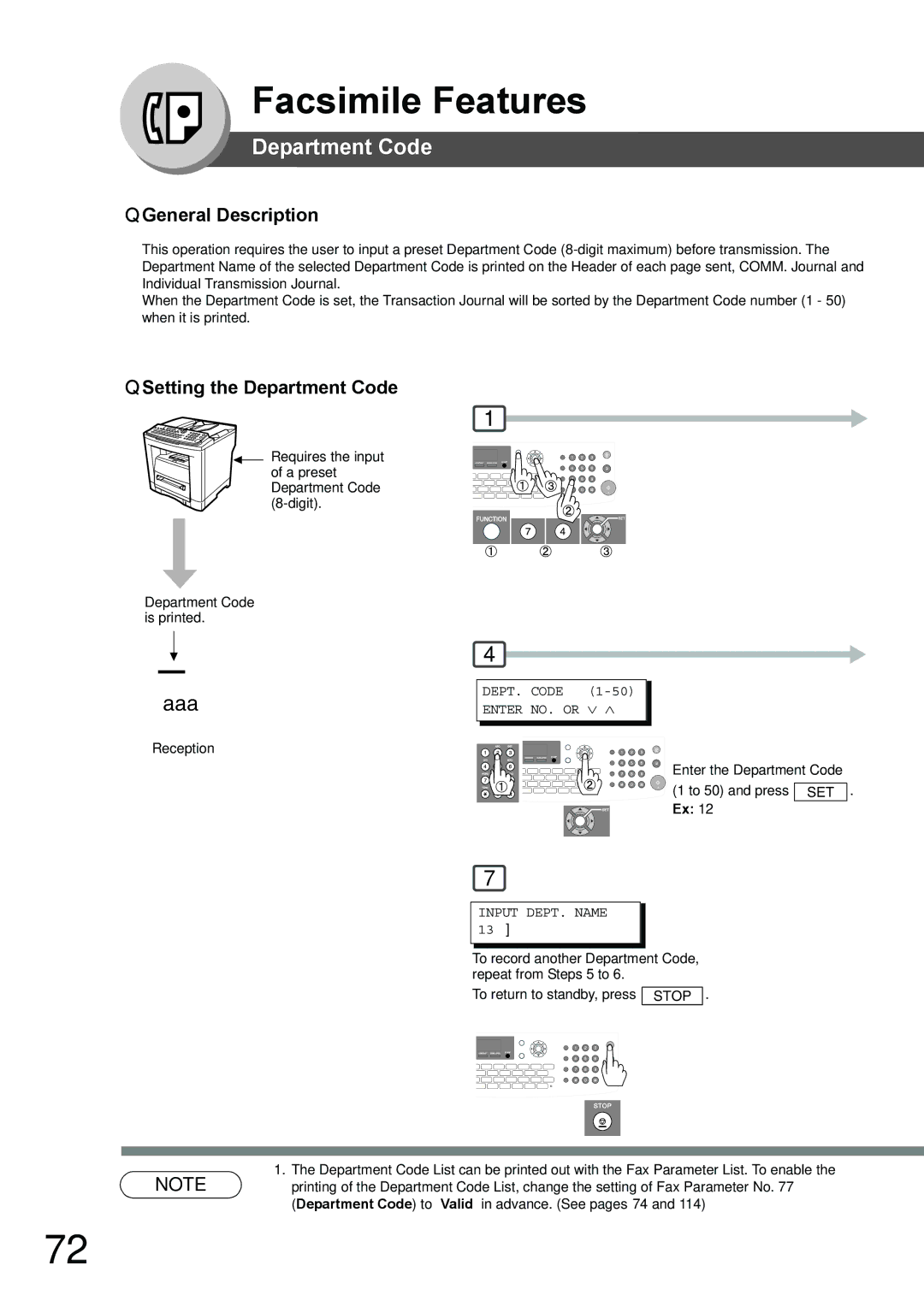 Toshiba 190F manual Setting the Department Code, Input DEPT. Name 