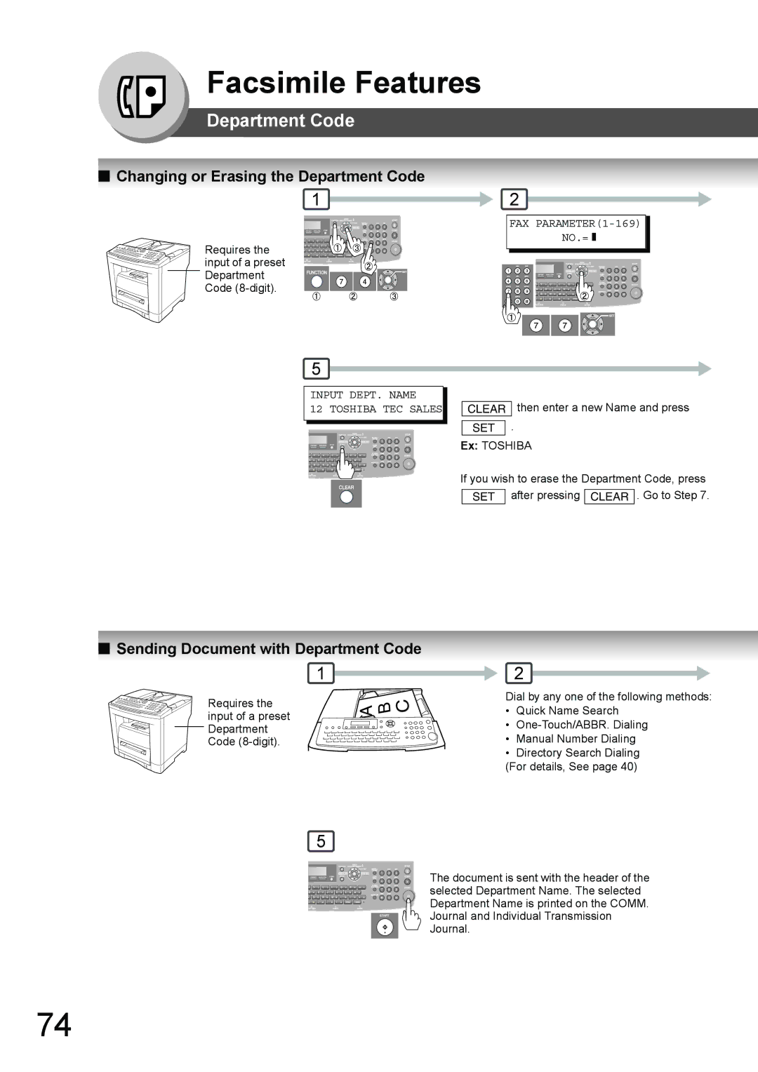 Toshiba 190F manual Changing or Erasing the Department Code, Sending Document with Department Code 