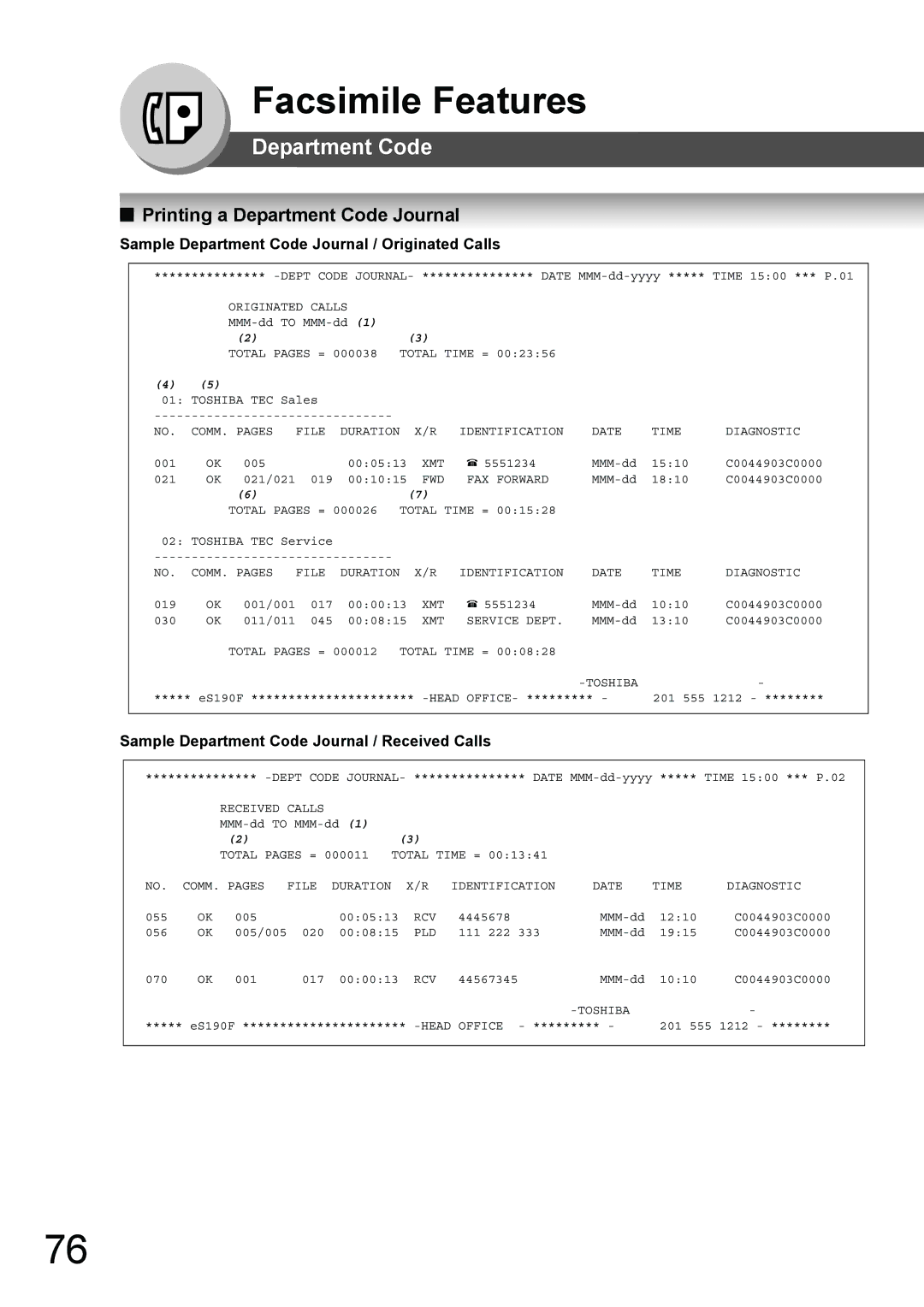 Toshiba 190F manual Printing a Department Code Journal, Sample Department Code Journal / Originated Calls 