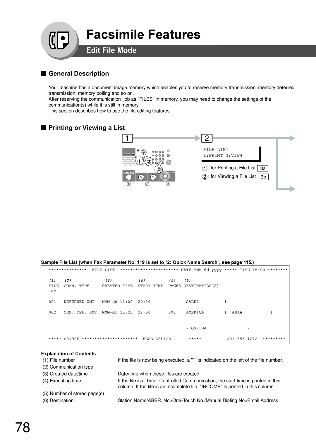 Toshiba 190F manual Edit File Mode, Printing or Viewing a List, Explanation of Contents 