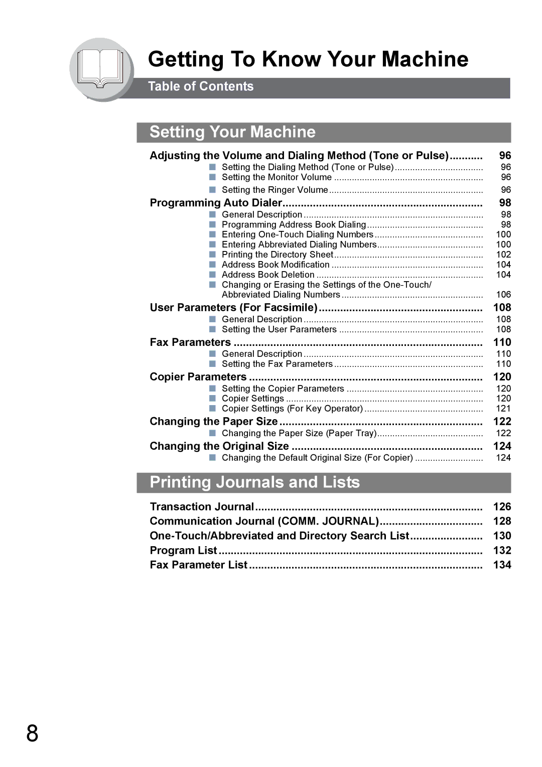 Toshiba 190F manual Adjusting the Volume and Dialing Method Tone or Pulse, Programming Auto Dialer, Fax Parameters 110 