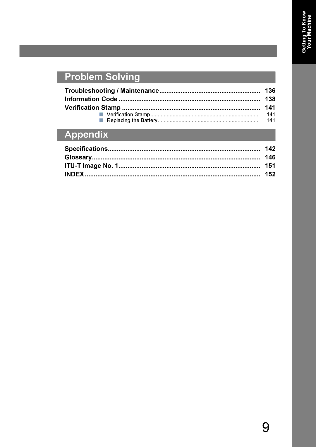 Toshiba 190F manual Specifications 142 Glossary 146 ITU-T Image No 151, 152, Verification Stamp, Replacing the Battery 