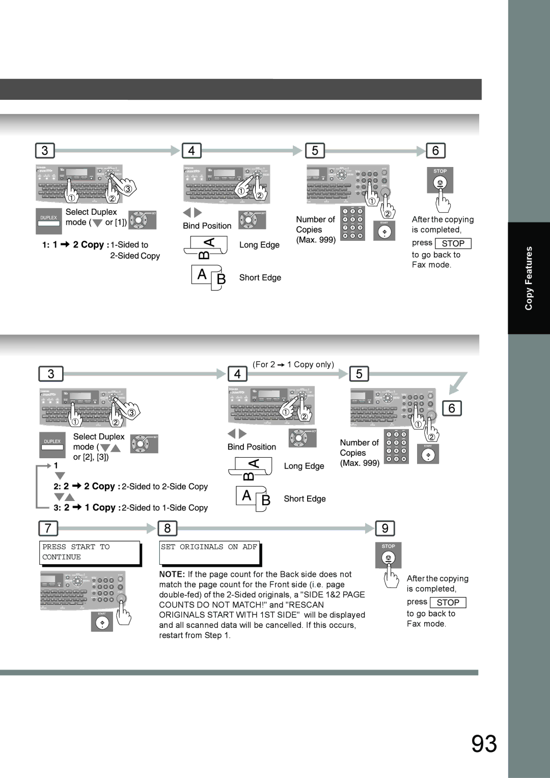 Toshiba 190F manual Copy Features, Press Start to Continue SET Originals on ADF 