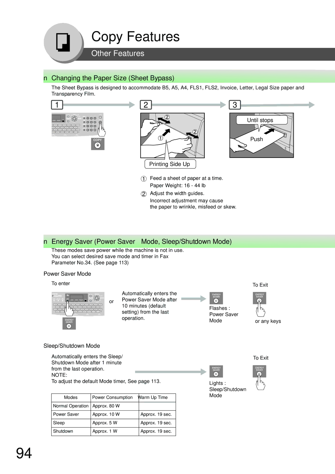 Toshiba 190F Other Features, Changing the Paper Size Sheet Bypass, Energy Saver Power Saver Mode, Sleep/Shutdown Mode 