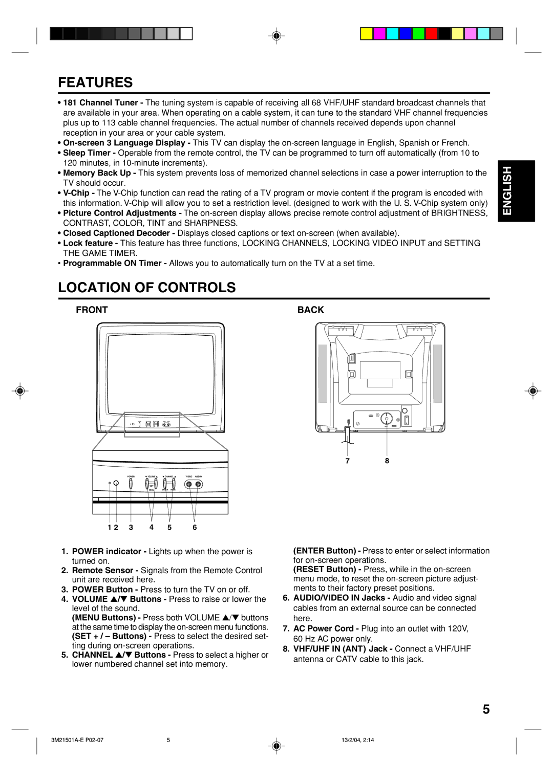 Toshiba 19A24 manual Features, Location of Controls 