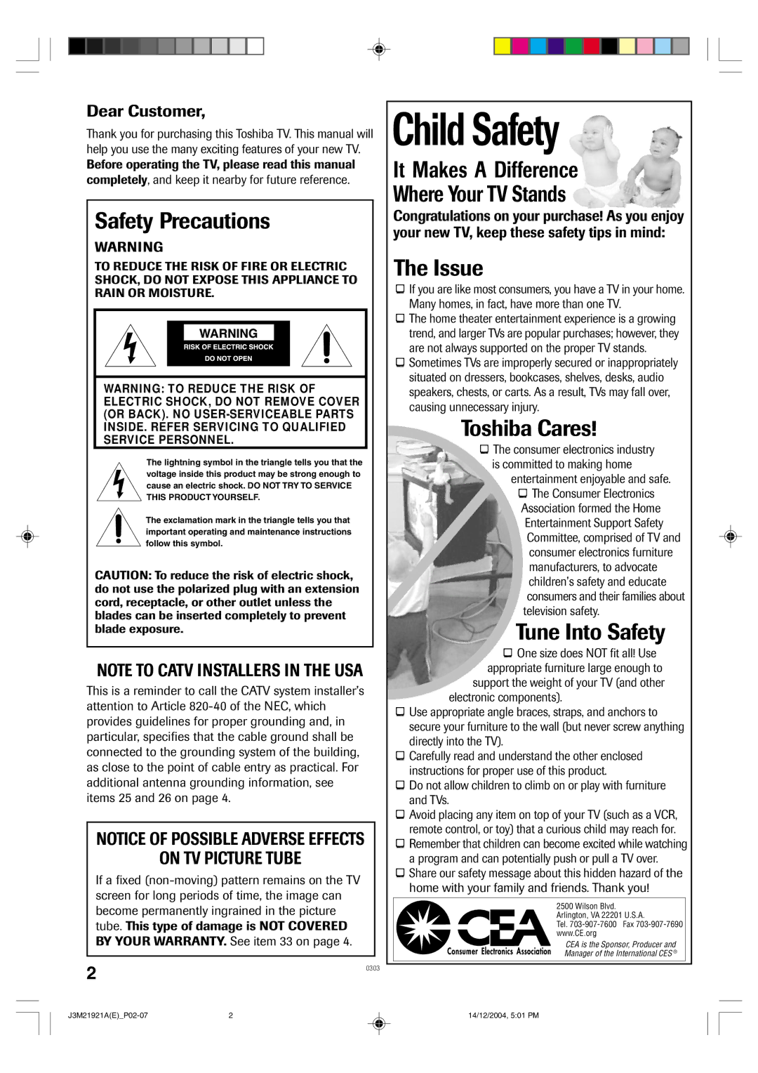 Toshiba 19A25 manual Safety Precautions, Dear Customer 