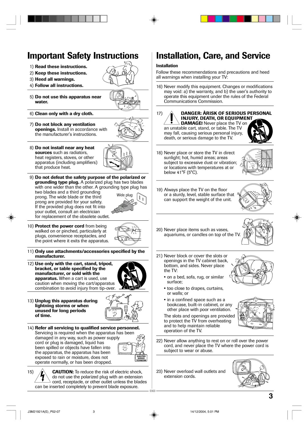 Toshiba 19A25 manual Important Safety Instructions 