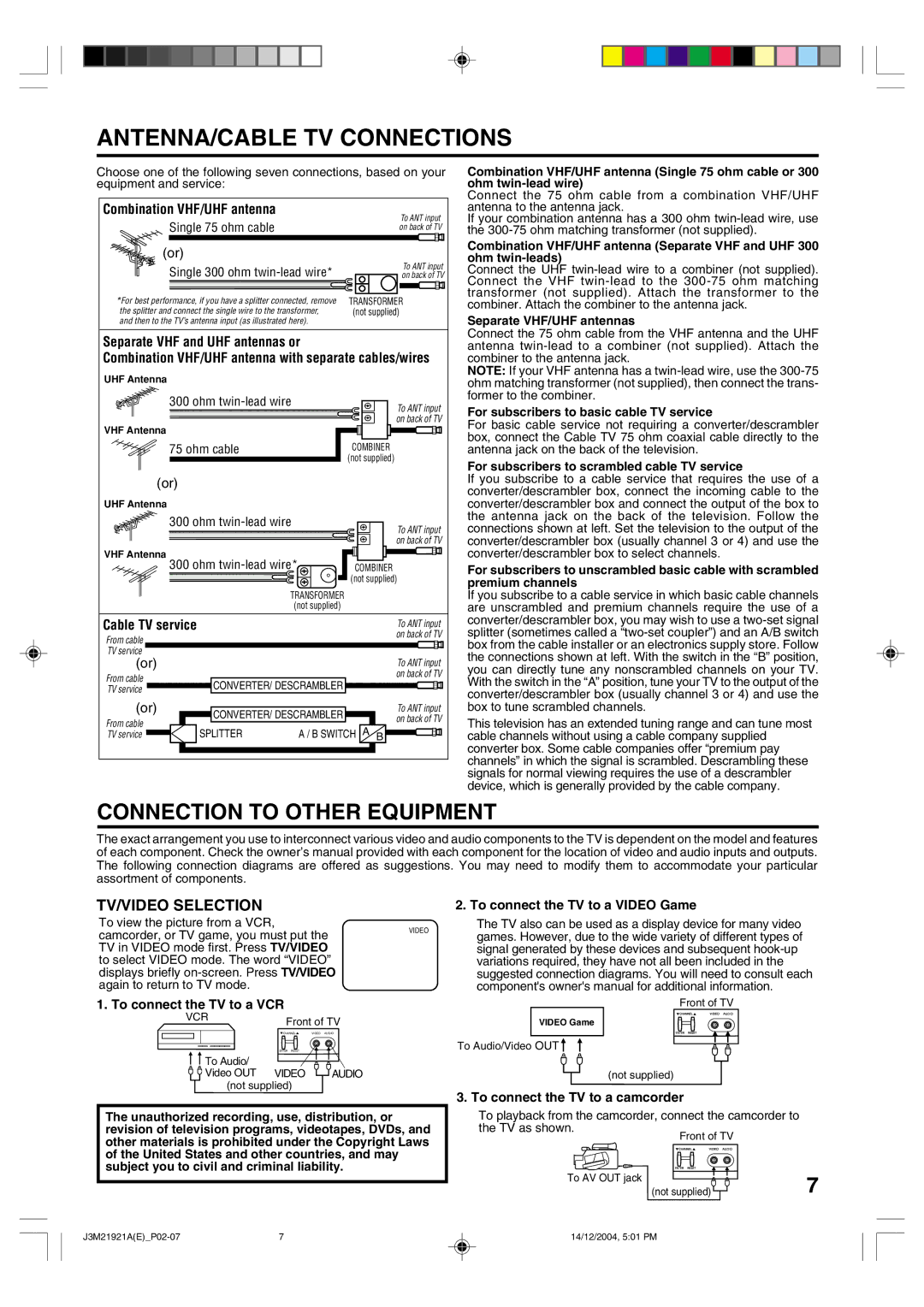 Toshiba 19A25 manual ANTENNA/CABLE TV Connections, Connection to Other Equipment, TV/VIDEO Selection 