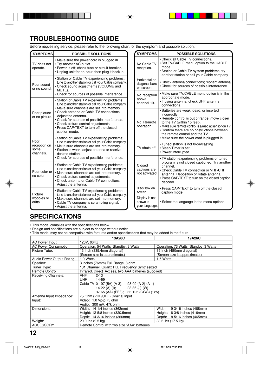 Toshiba manual Troubleshooting Guide, Specifications, Symptoms Possible Solutions, 13A26C 19A26C 