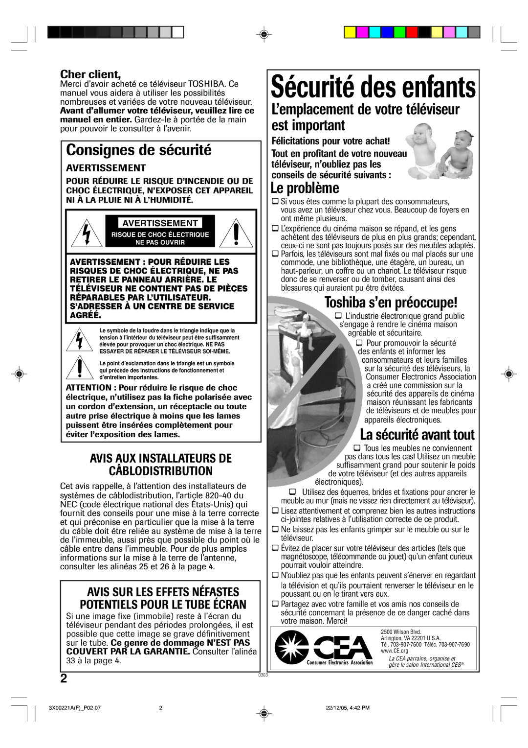 Toshiba 19A26C, 13A26C Avertissement Pour Réduire LES, Risques DE Choc ÉLECTRIQUE, NE PAS, Retirer LE Panneau ARRIÈRE. LE 