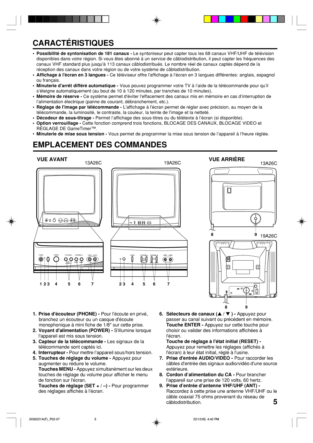 Toshiba 13A26C, 19A26C manual Caractéristiques, Emplacement DES Commandes, VUE Avant, VUE Arrière 