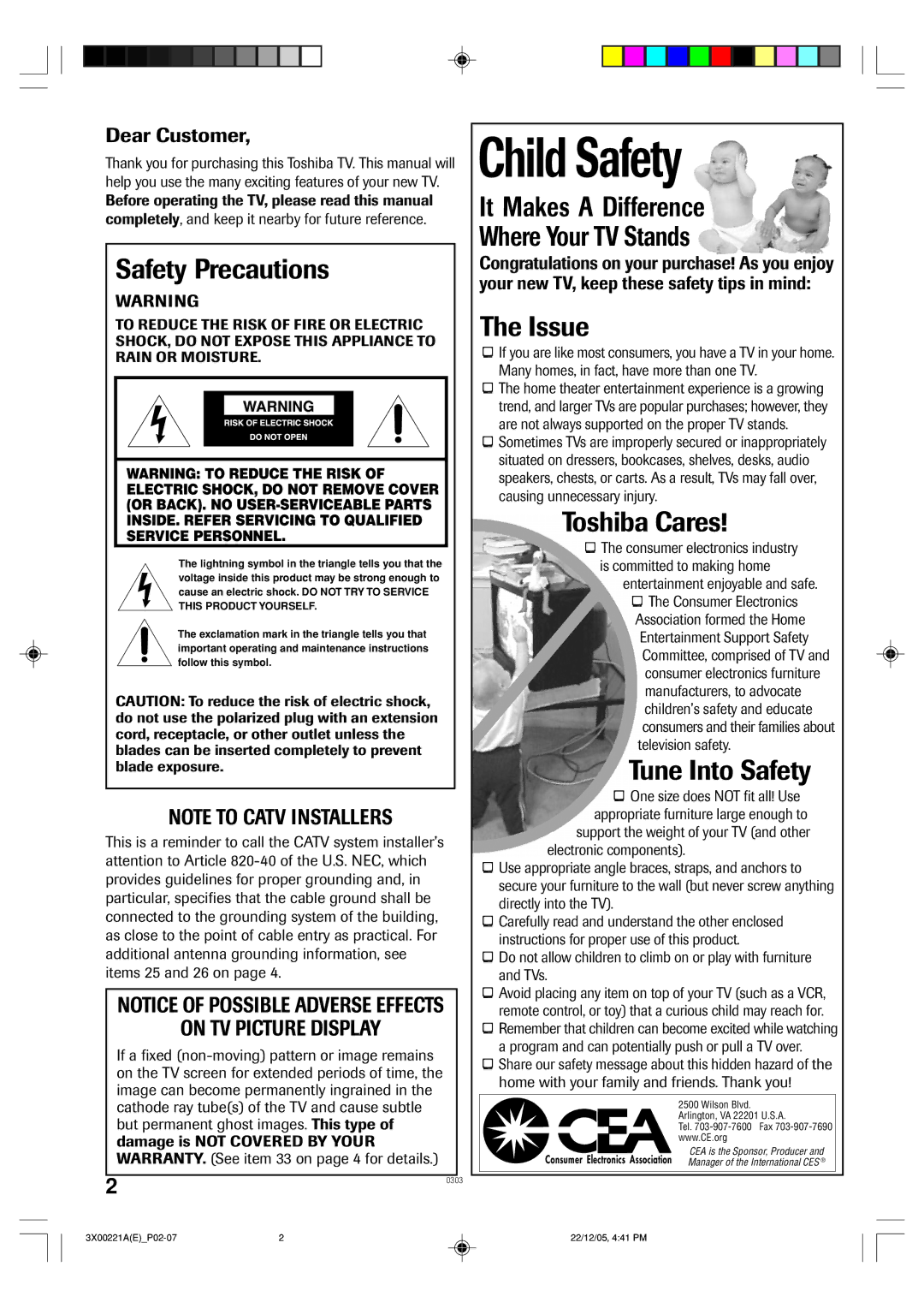 Toshiba 19A26C, 13A26C manual Child Safety 