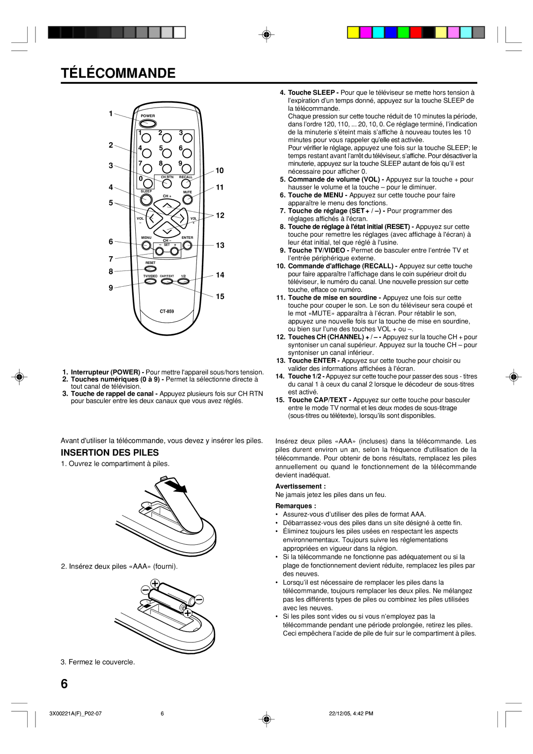 Toshiba 19A26C, 13A26C manual Télécommande, Insertion DES Piles, Fermez le couvercle 