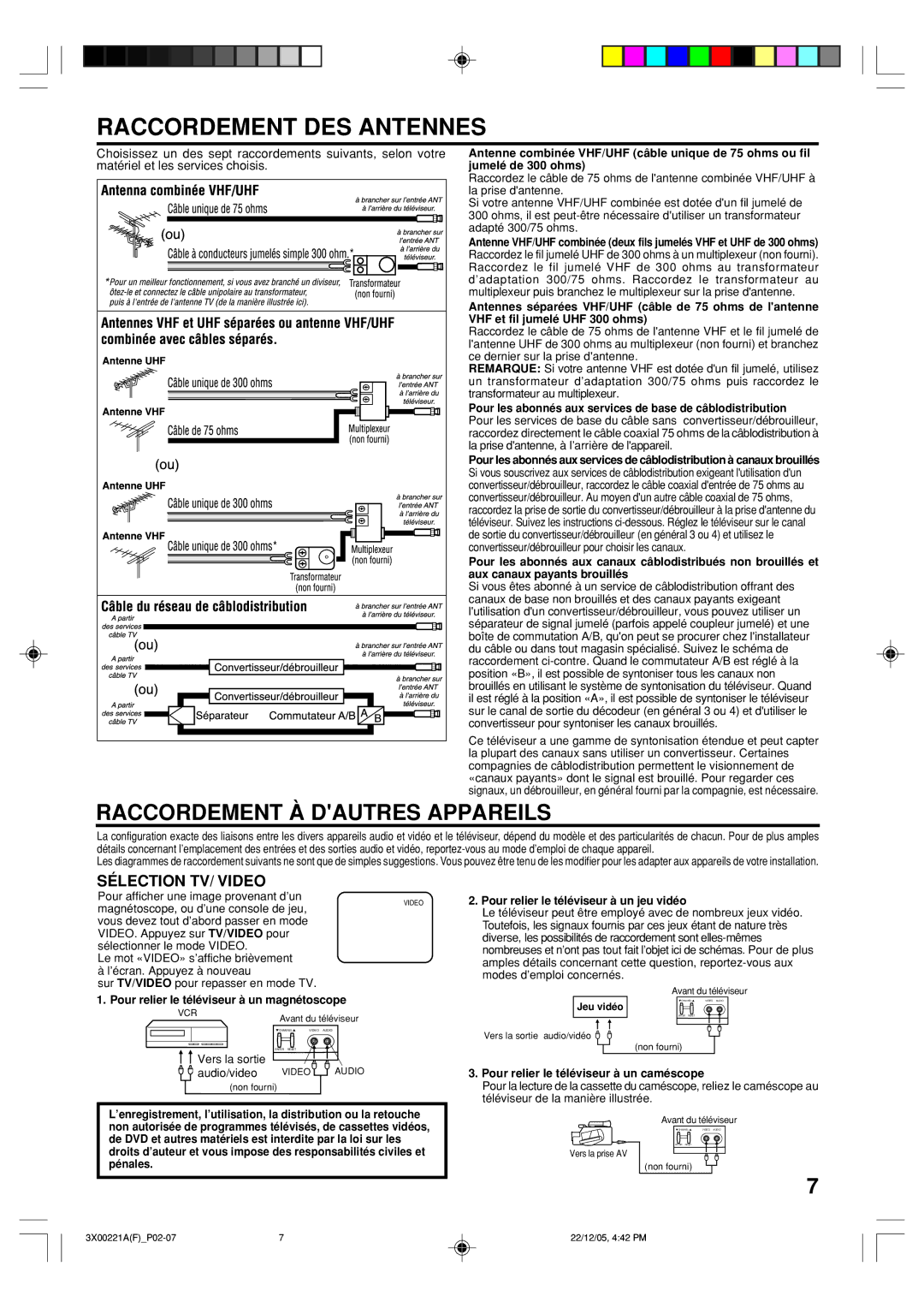 Toshiba 13A26C, 19A26C manual Raccordement DES Antennes, Raccordement À Dautres Appareils, Sélection TV/ Video 