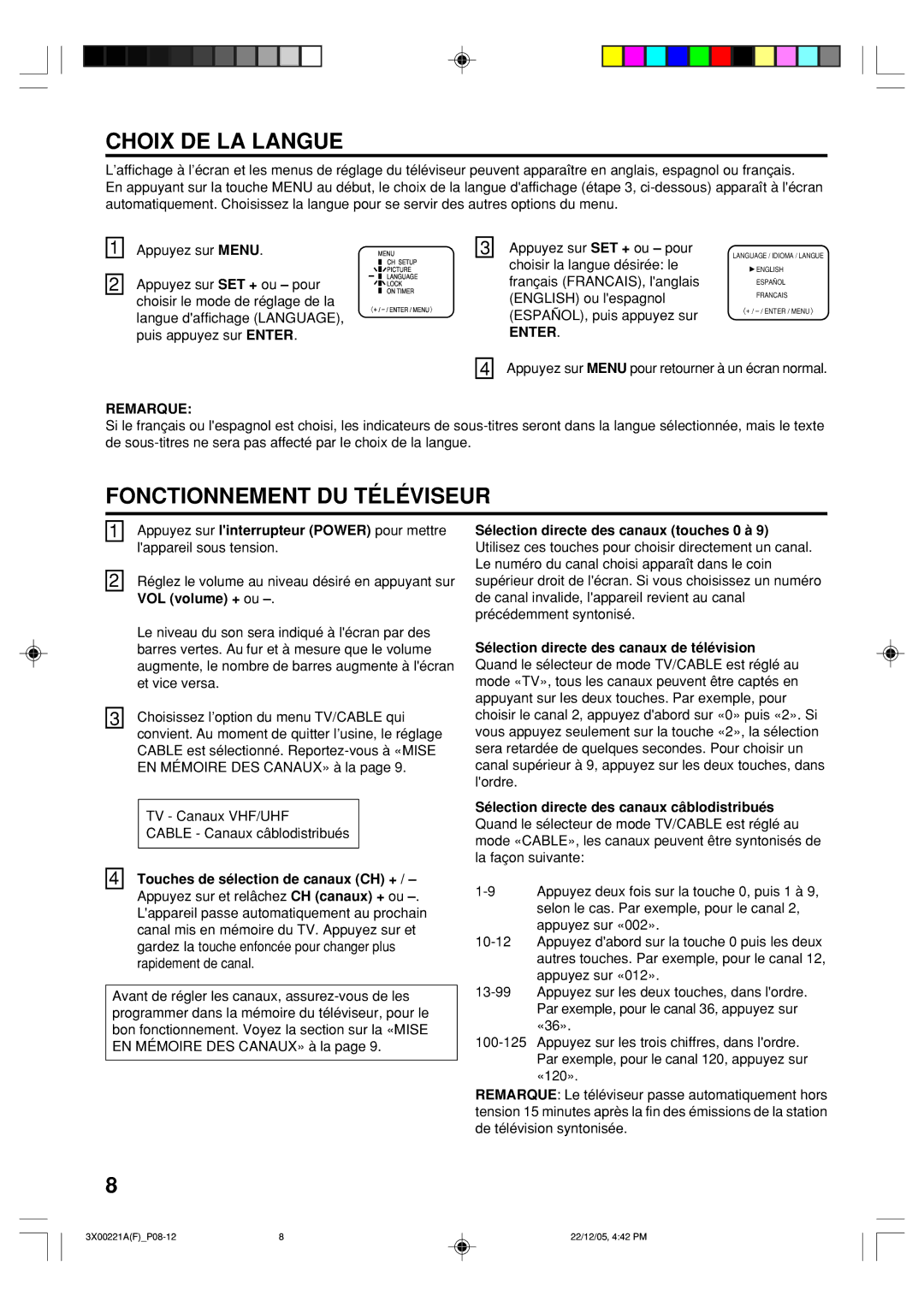 Toshiba 19A26C, 13A26C manual Choix DE LA Langue, Fonctionnement DU Téléviseur 