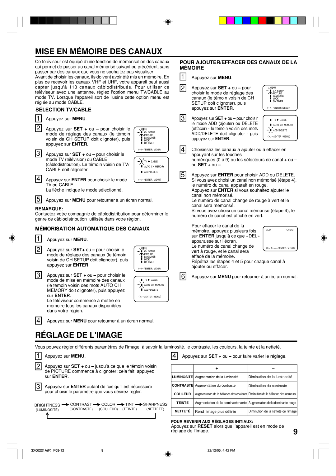 Toshiba 13A26C, 19A26C manual Mise EN Mémoire DES Canaux, Réglage DE Limage, Remarque, Réglage de l’image 