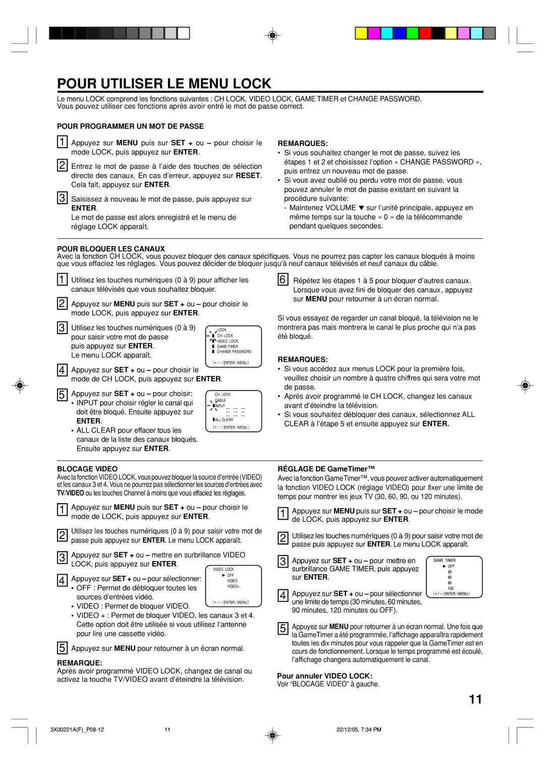 Toshiba 13A26C, 19A26C Pour Utiliser LE Menu Lock, Pour Programmer UN MOT DE Passe, Remarques, Pour Bloquer LES Canaux 