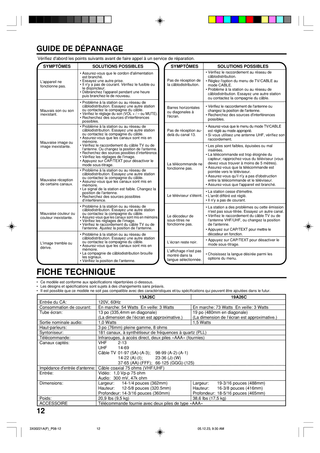 Toshiba 19A26C Guide DE Dépannage, Symptômes Solutions Possibles, 14-69 Câble TV 01-97 5A-A-3 98-99 A-2-A-1 AA-FFF GGG-125 