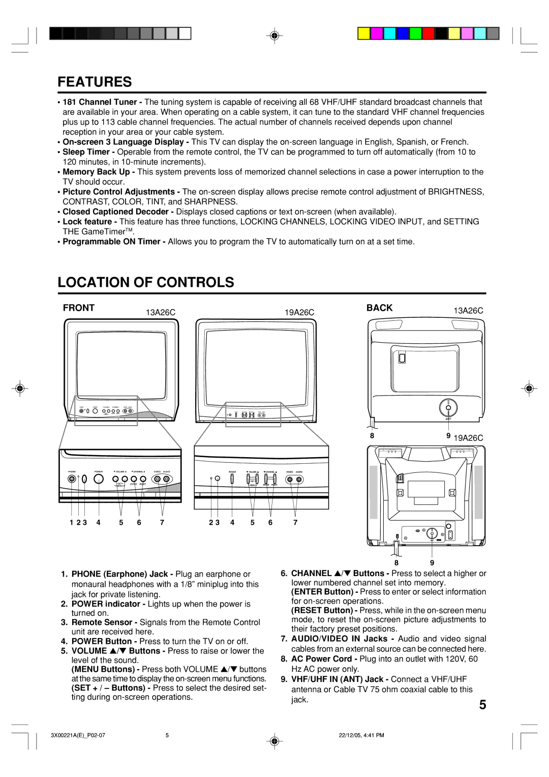 Toshiba 19A26C manual Features, Location of Controls, FRONT13A26C, Back 