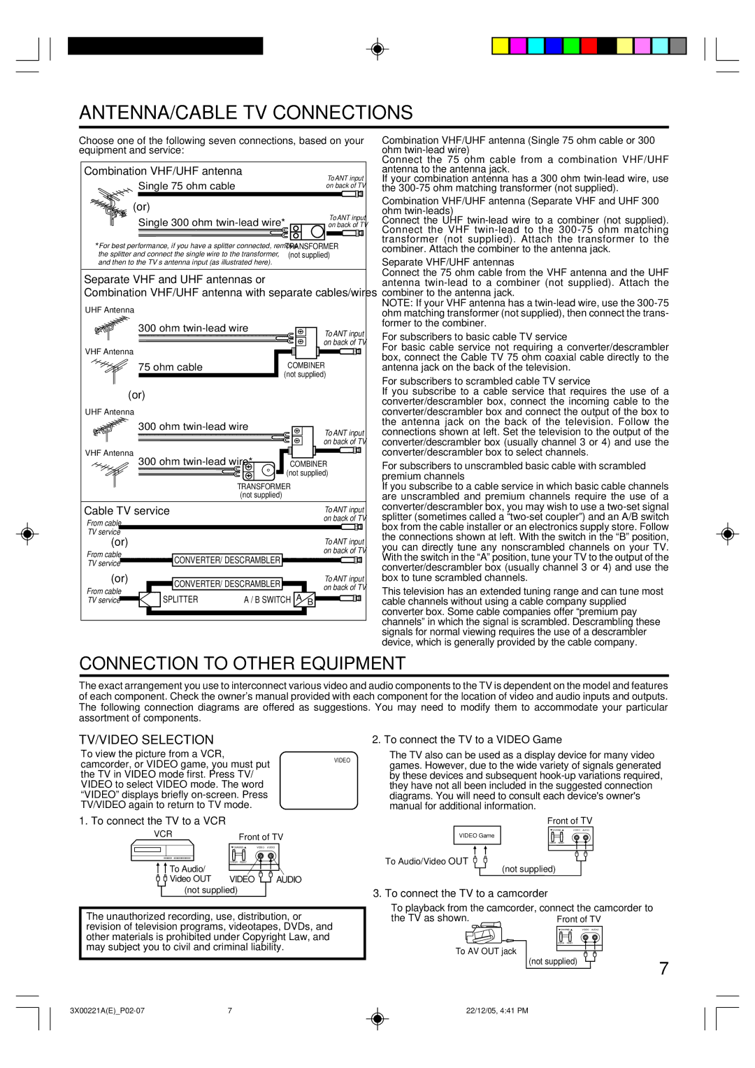 Toshiba 13A26C, 19A26C manual ANTENNA/CABLE TV Connections, Connection to Other Equipment, TV/VIDEO Selection 