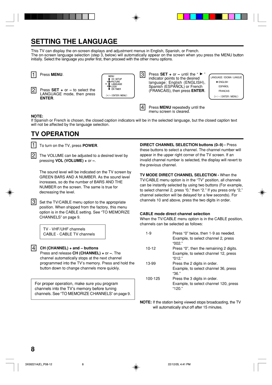 Toshiba 19A26C, 13A26C manual Setting the Language, TV Operation, Enter 