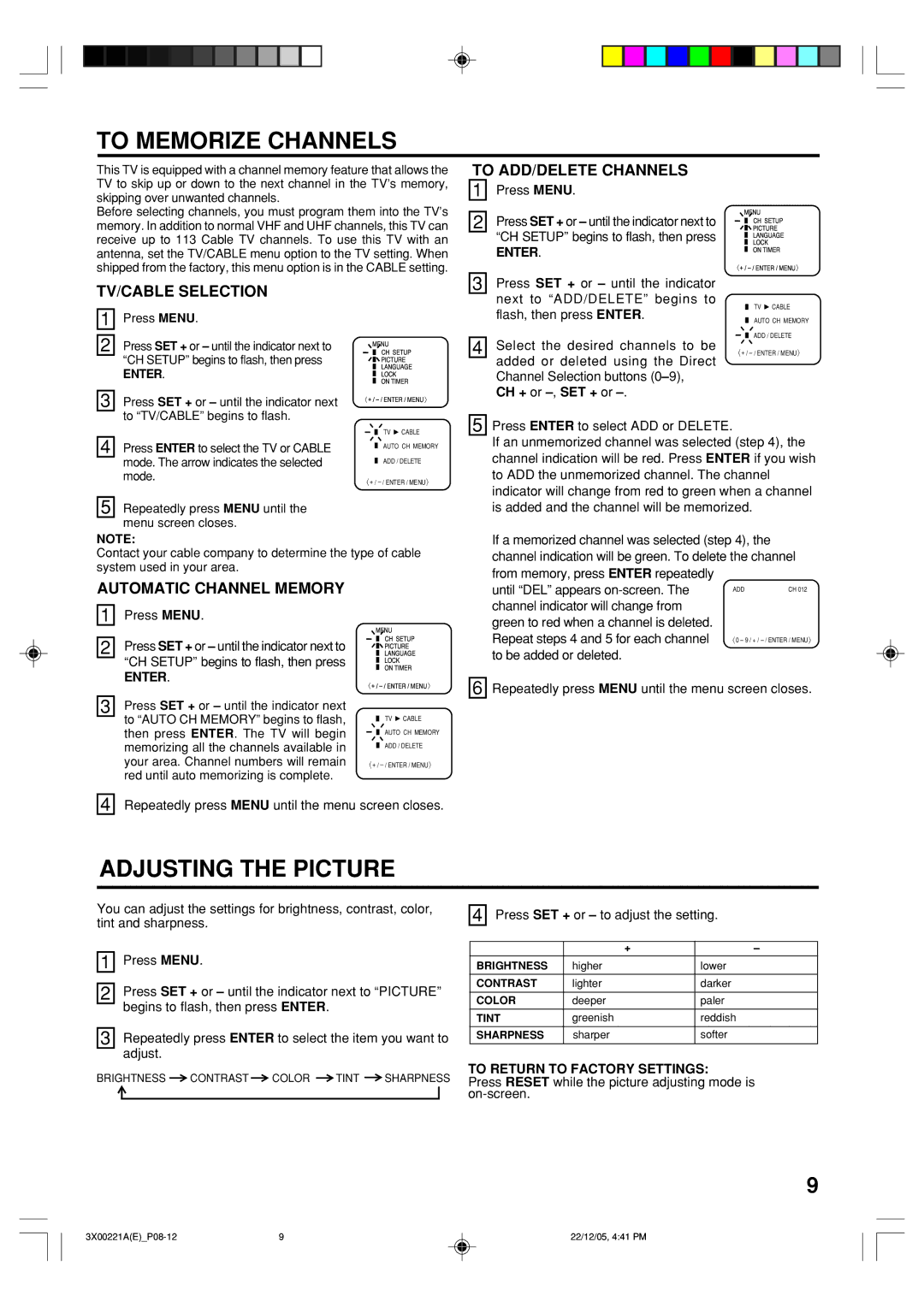 Toshiba 13A26C, 19A26C manual To Memorize Channels, Adjusting the Picture, To ADD/DELETE Channels, TV/CABLE Selection 