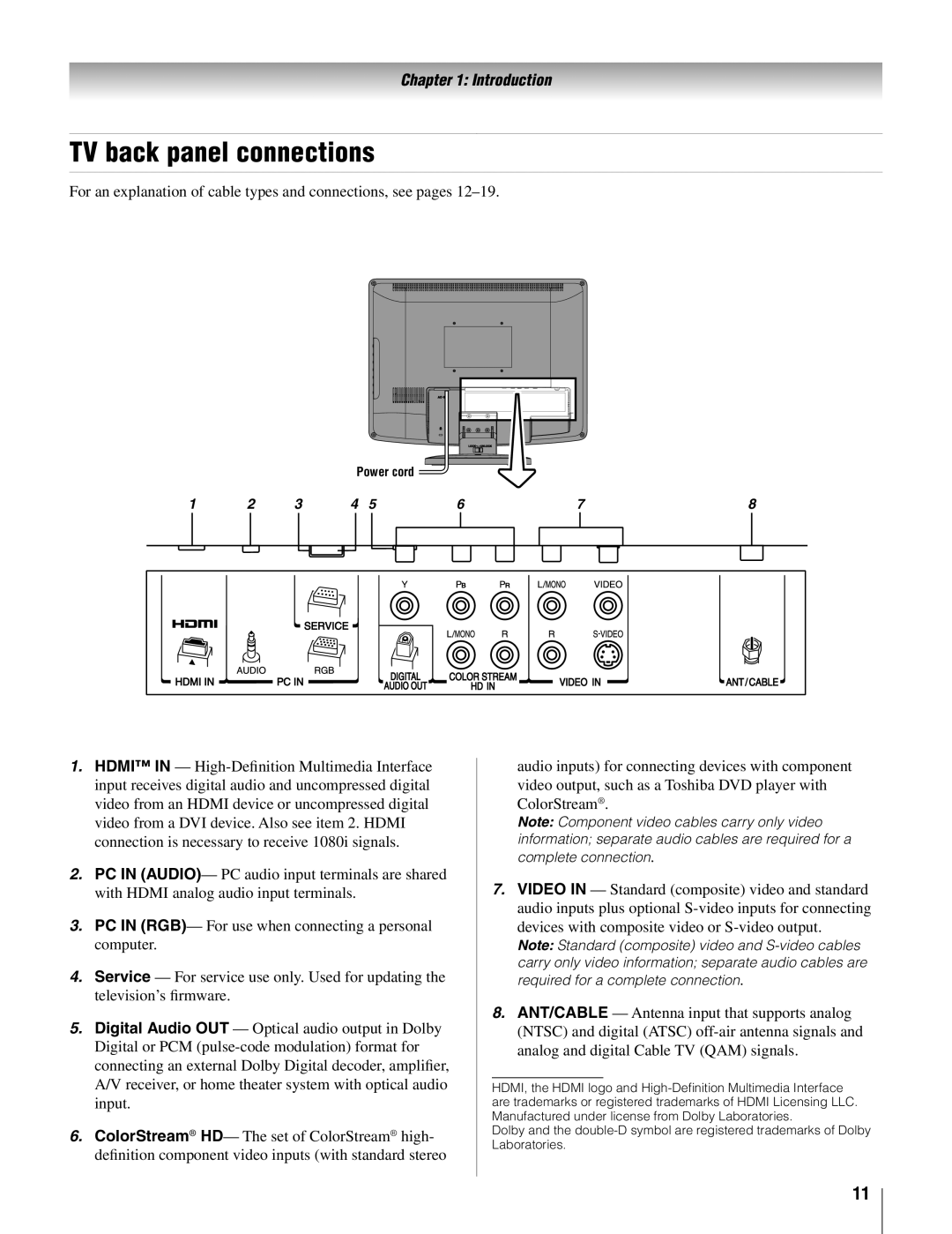 Toshiba 19AV500U manual TV back panel connections, For an explanation of cable types and connections, see pages 