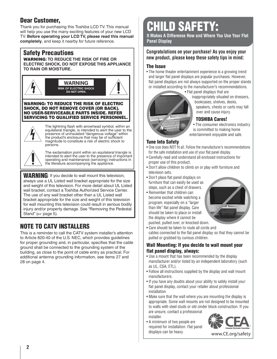 Toshiba 19AV500U manual Dear Customer, Safety Precautions, Issue, Toshiba Cares, Tune Into Safety 