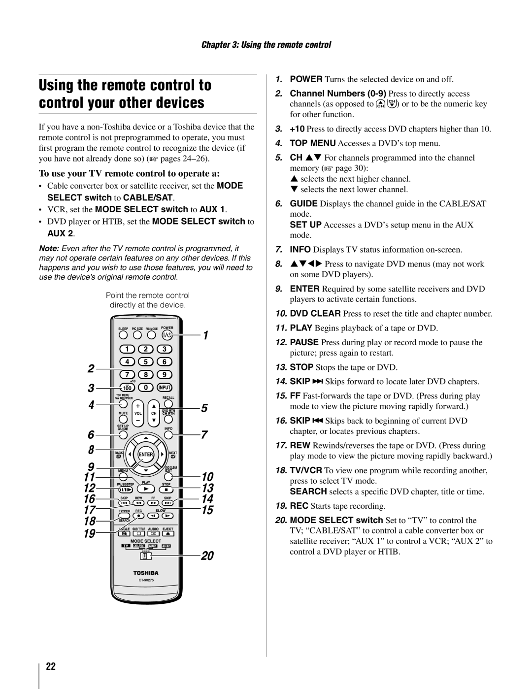 Toshiba 19AV500U manual To use your TV remote control to operate a, VCR, set the Mode Select switch to AUX, Aux 