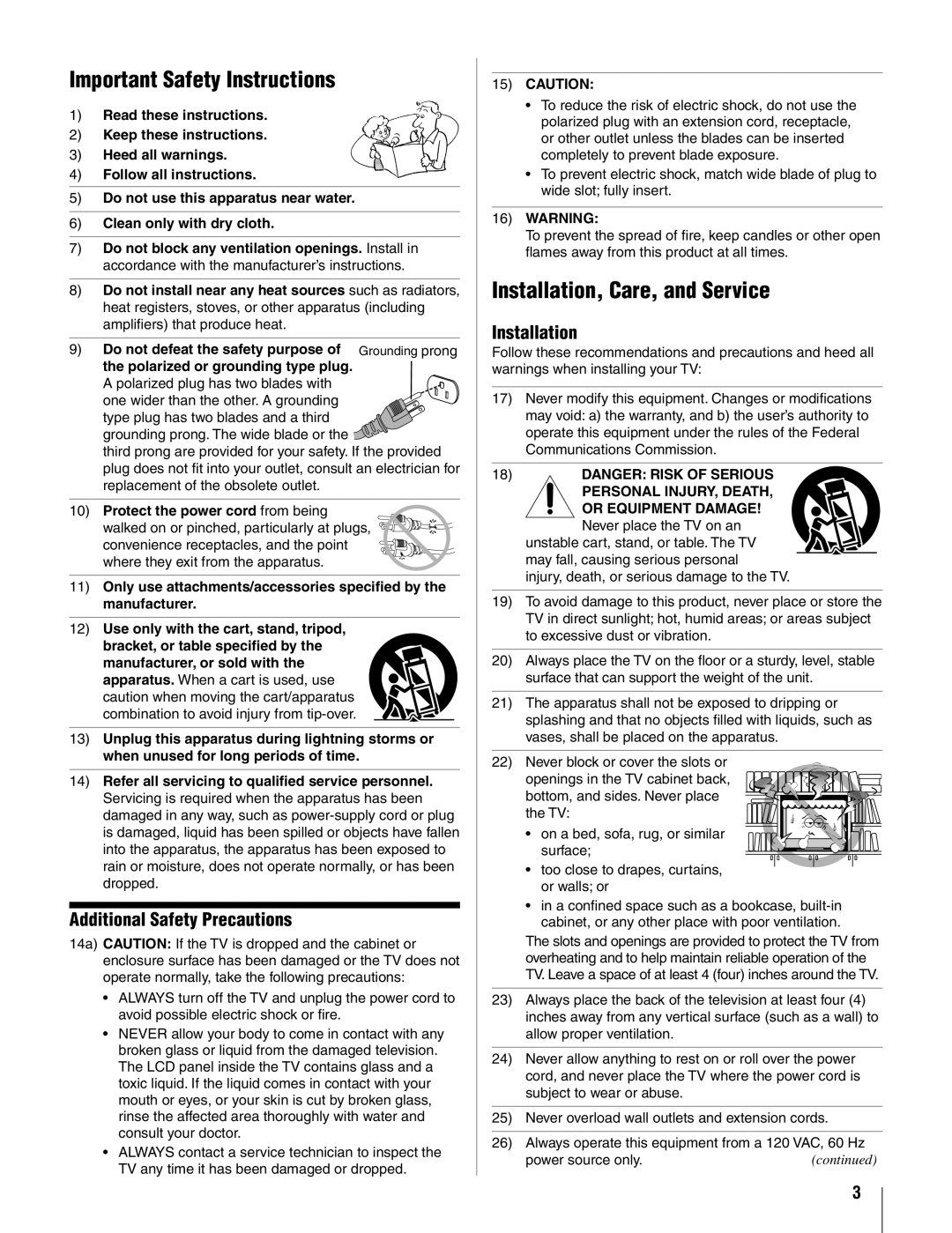 Toshiba 19AV500U manual Important Safety Instructions, Installation, Care, and Service, Additional Safety Precautions 