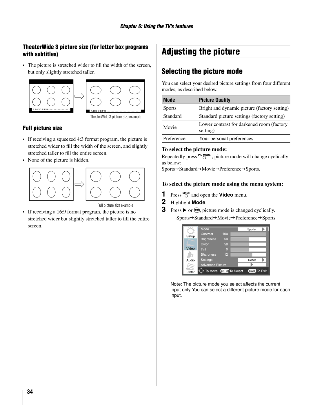 Toshiba 19AV500U manual Adjusting the picture, Selecting the picture mode, Full picture size, To select the picture mode 