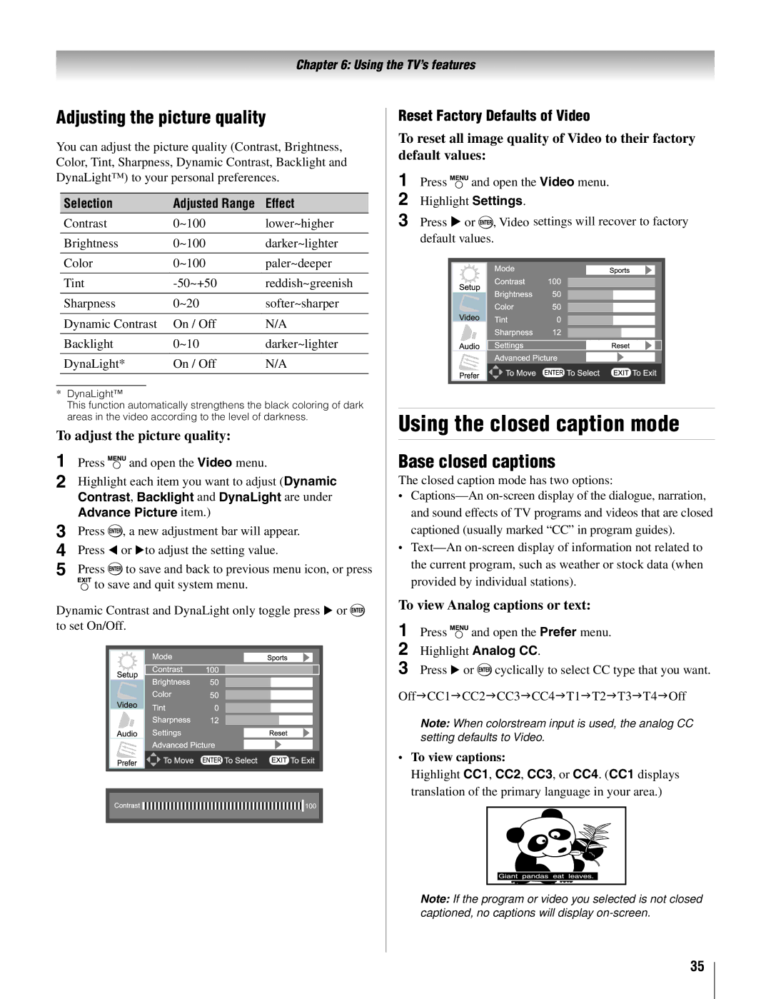 Toshiba 19AV500U manual Using the closed caption mode, Adjusting the picture quality, Base closed captions 