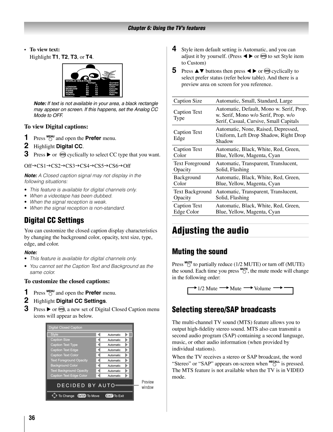 Toshiba 19AV500U manual Adjusting the audio, Digital CC Settings, Muting the sound, Selecting stereo/SAP broadcasts 