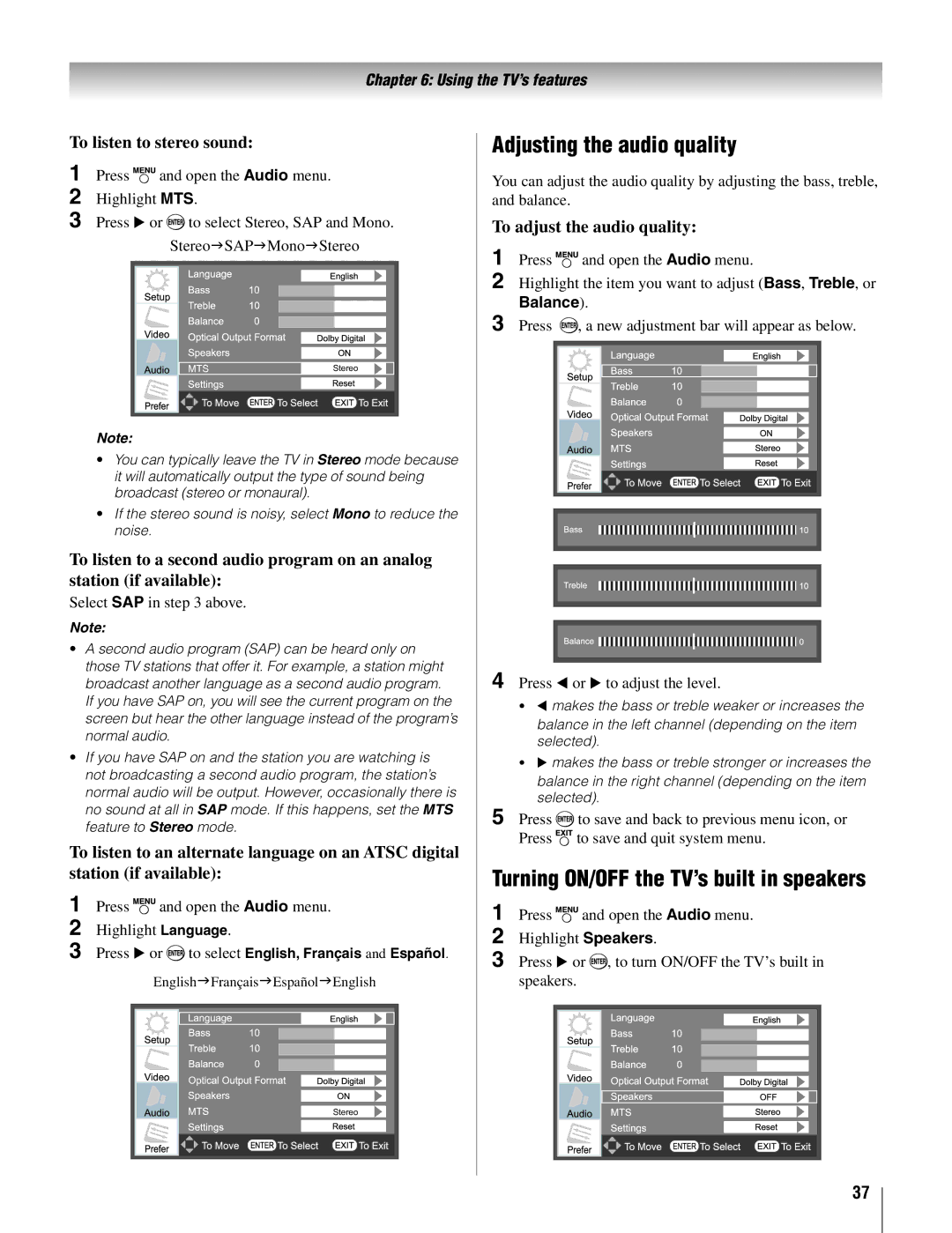 Toshiba 19AV500U manual Adjusting the audio quality, To listen to stereo sound, To adjust the audio quality 