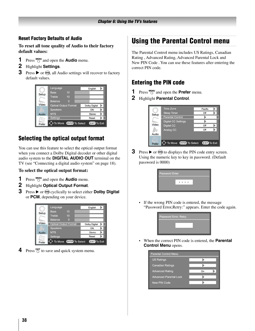 Toshiba 19AV500U manual Using the Parental Control menu, Selecting the optical output format, Entering the PIN code 