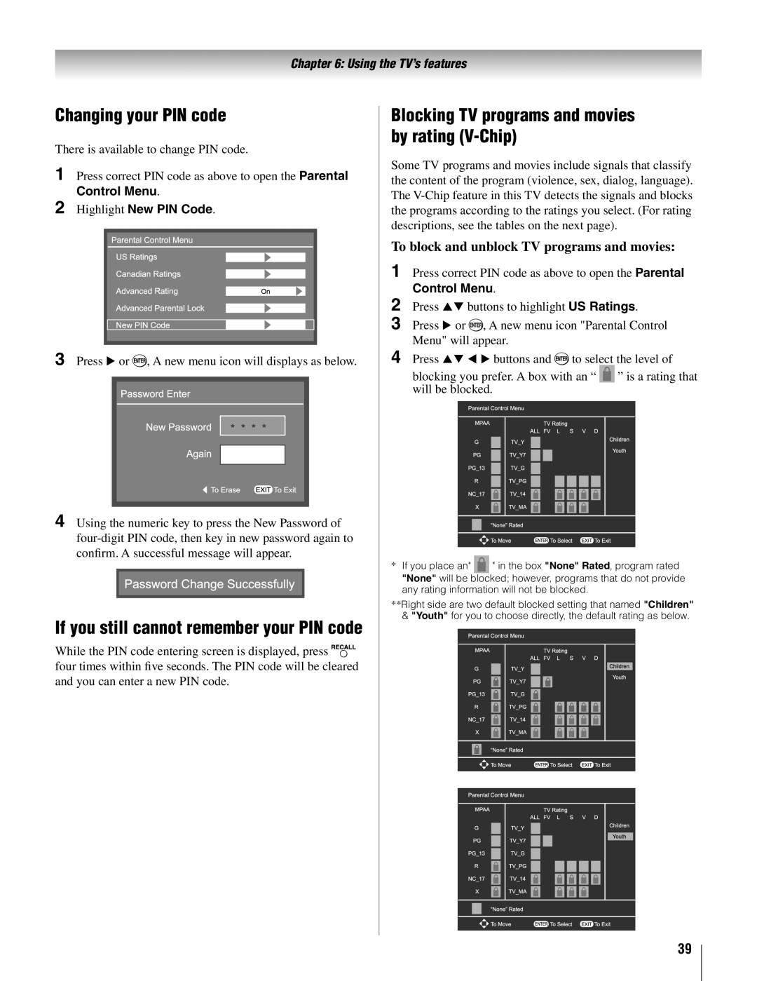 Toshiba 19AV500U manual Changing your PIN code, Blocking TV programs and movies by rating V-Chip, Highlight New PIN Code 