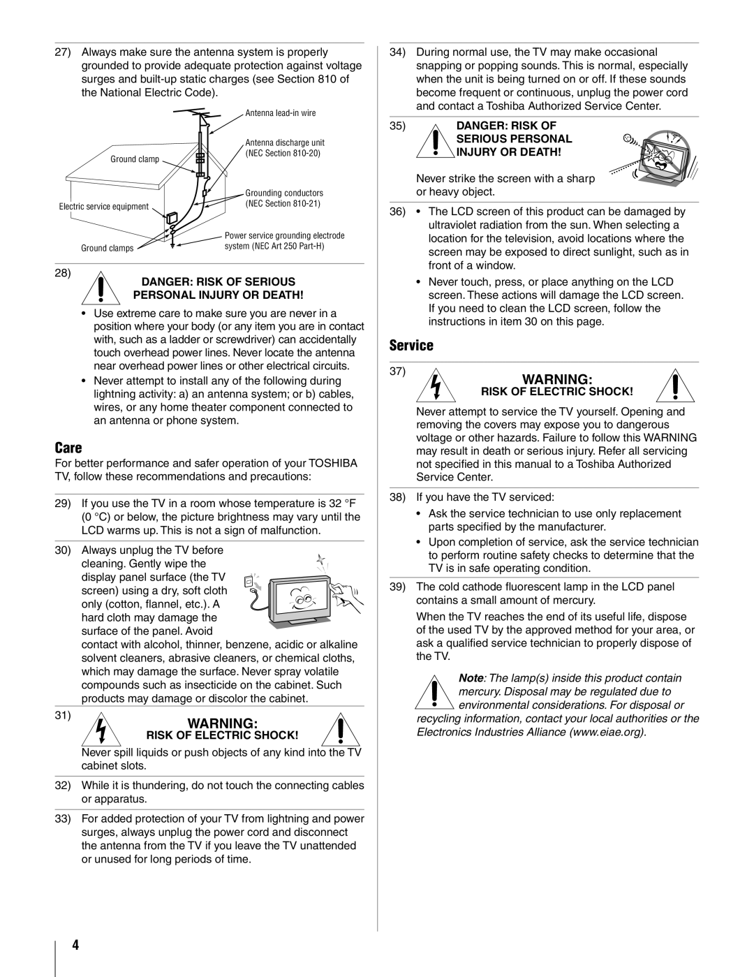 Toshiba 19AV500U manual Care, Service 