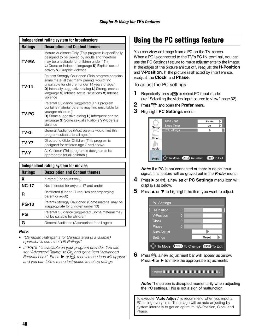 Toshiba 19AV500U manual Using the PC settings feature, To adjust the PC settings 