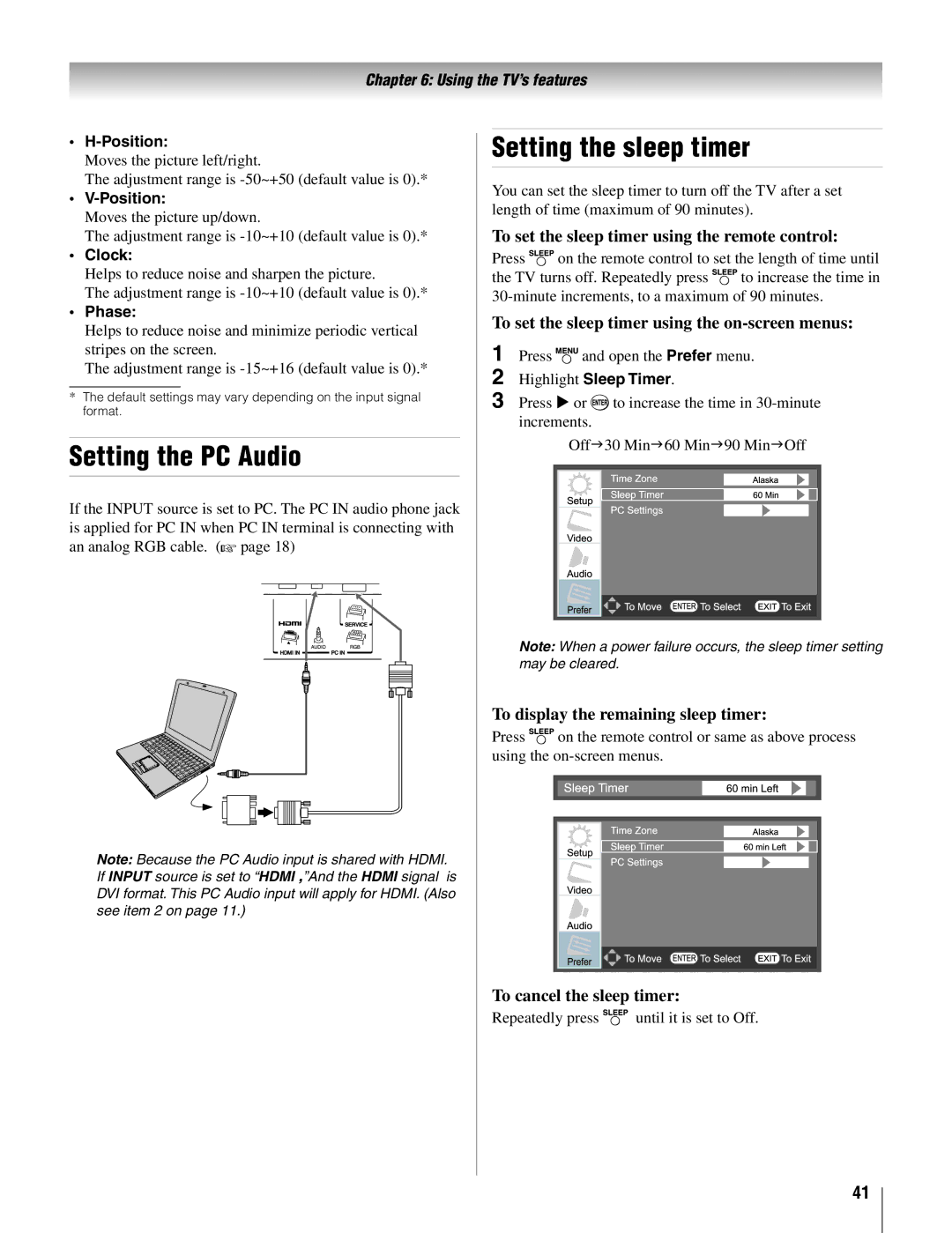 Toshiba 19AV500U manual Setting the PC Audio, Setting the sleep timer 