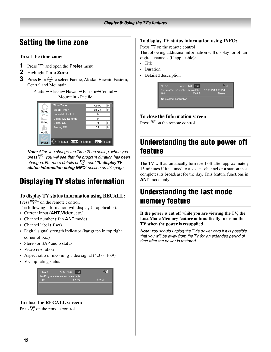 Toshiba 19AV500U manual Setting the time zone, Understanding the auto power off feature 