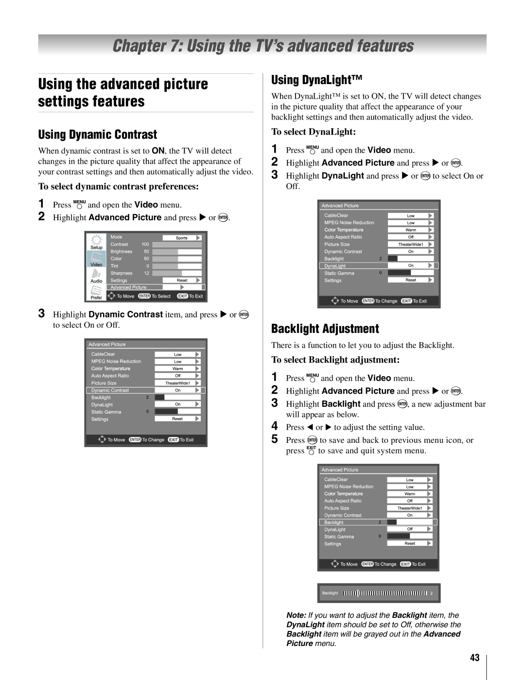 Toshiba 19AV500U manual Using the TV’s advanced features, Using Dynamic Contrast, Using DynaLight, Backlight Adjustment 